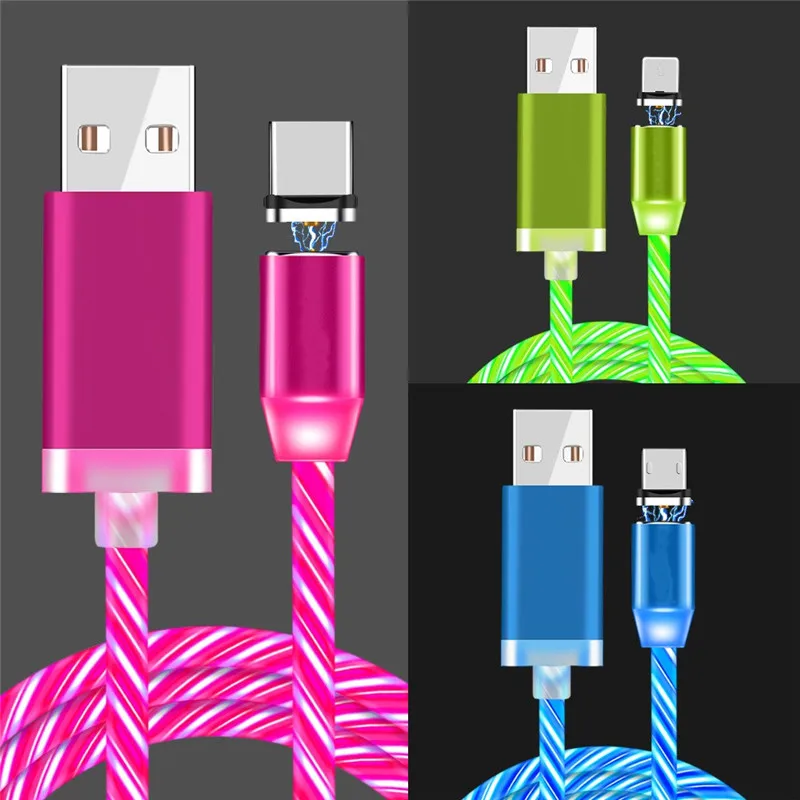 
3 In 1 Light Usb Luminous Glow Flowing Mobile Phone Cable Wholesale Magnet Charger Magnetic Absorption Cable 