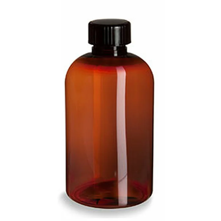4 oz amber PET plastic boston round bottle with 24-410 neck finish