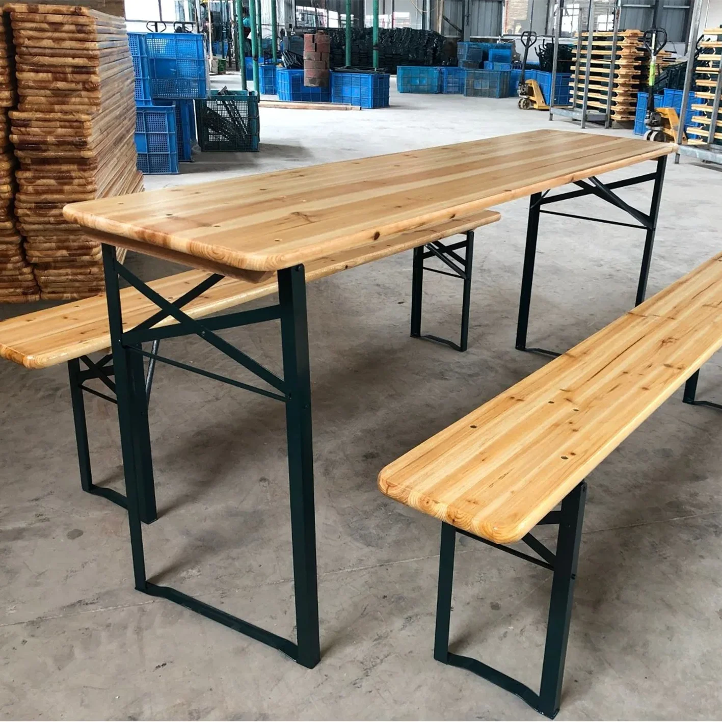 Factory Heavy Duty Leisure Outdoor Courtyard Solid Wood Folding Wooden Beer Table Set With Benches