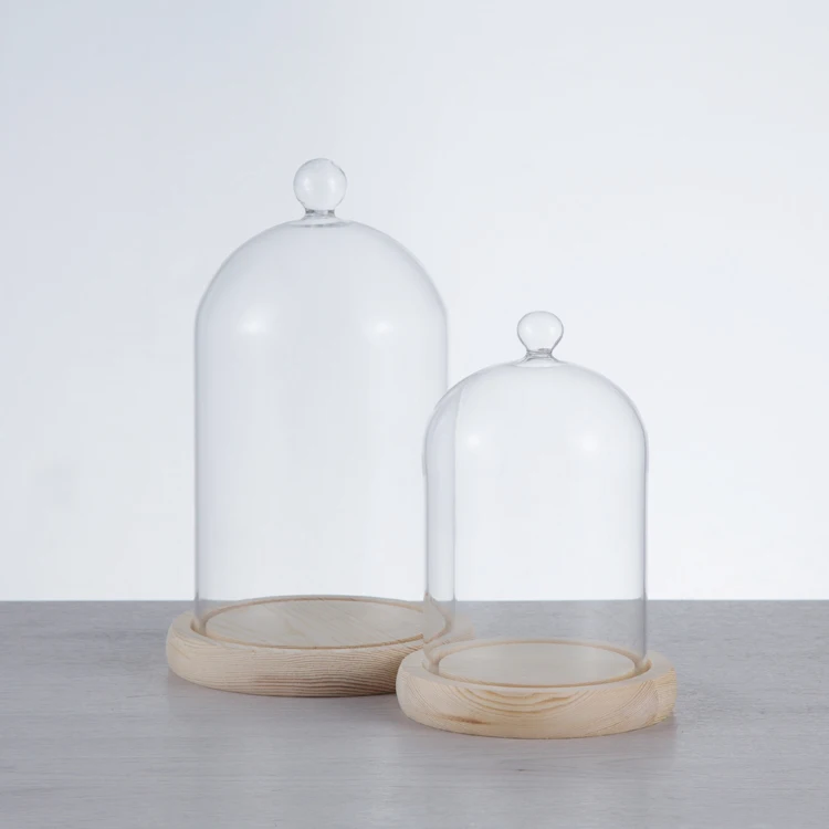 Heat Resistant Borosilicate Glass Clear Dust Proof Glass Bell Jar Cloche Glass Dome with Cute Heart Handle and Wood Base