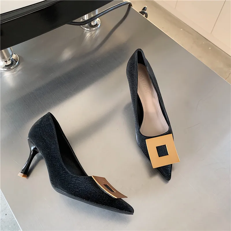 35-39# 2022 Spring New Arrivals luxury designer high heel shoes Office lady Metal square Pumps high quality Women Dress shoes