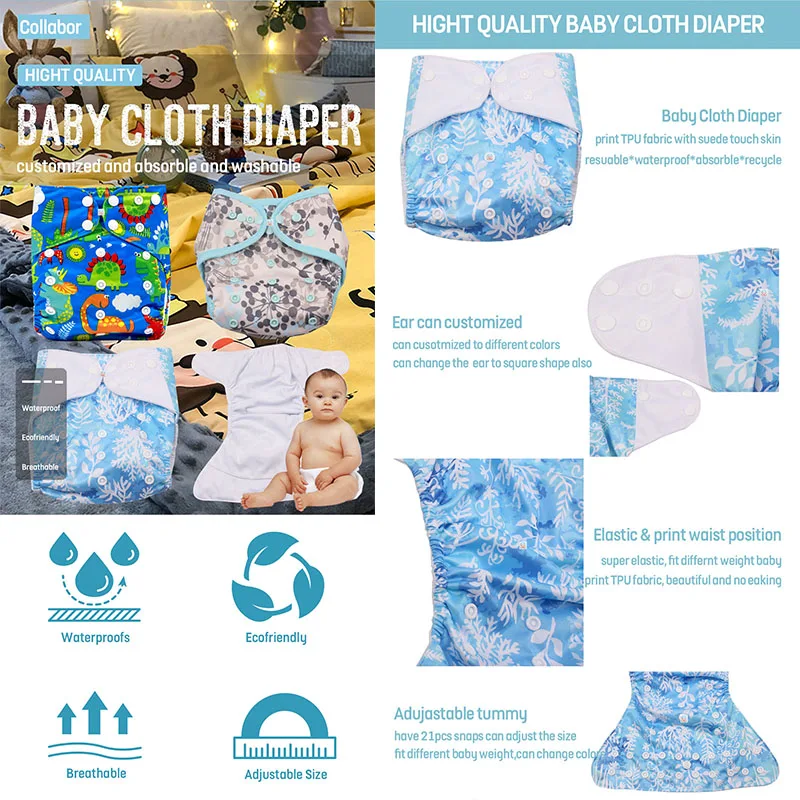 COLLABOR 15Colors AIO Reusable Organic Cotton Baby Cloth Diaper Nappy Custom Eco-friendly Baby Cloth Diapers One Size Adjustable