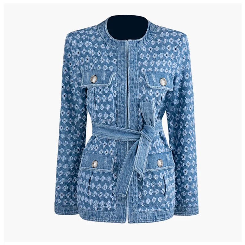 custom logo blue jean jackets women skeleton jacket women denim jacket with belt