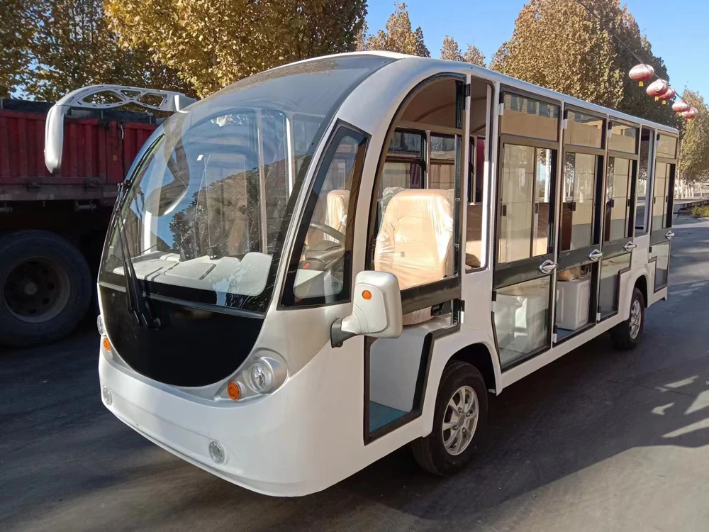 Electric China 14 Passengers Electric Sightseeing Bus Car Shuttle For Vacation 100KM EV Car