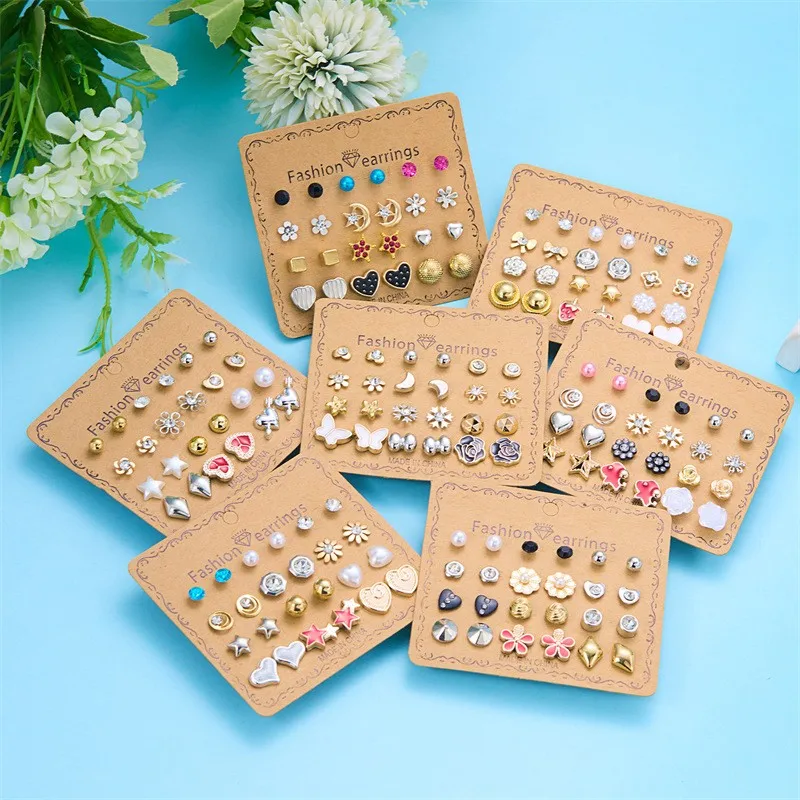 12 pairs of flower imitation pearl with diamond earrings round beads multi-color earrings set fashion temperament earrings
