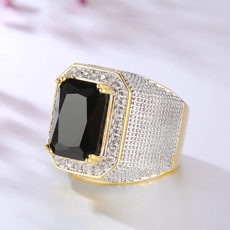 CAOSHI Zircon Crystal Rectangle Mens Ring Blue Black Large Wedding Male Wide Gold Punk Men Finger Rings Hip Hop