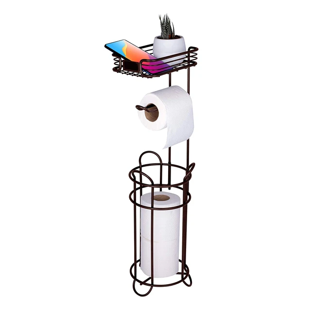 Toilet Paper Holder Stand Freestanding Tissue Holder for Bathroom Toilet Paper Stand Storage with Convenient Shelf