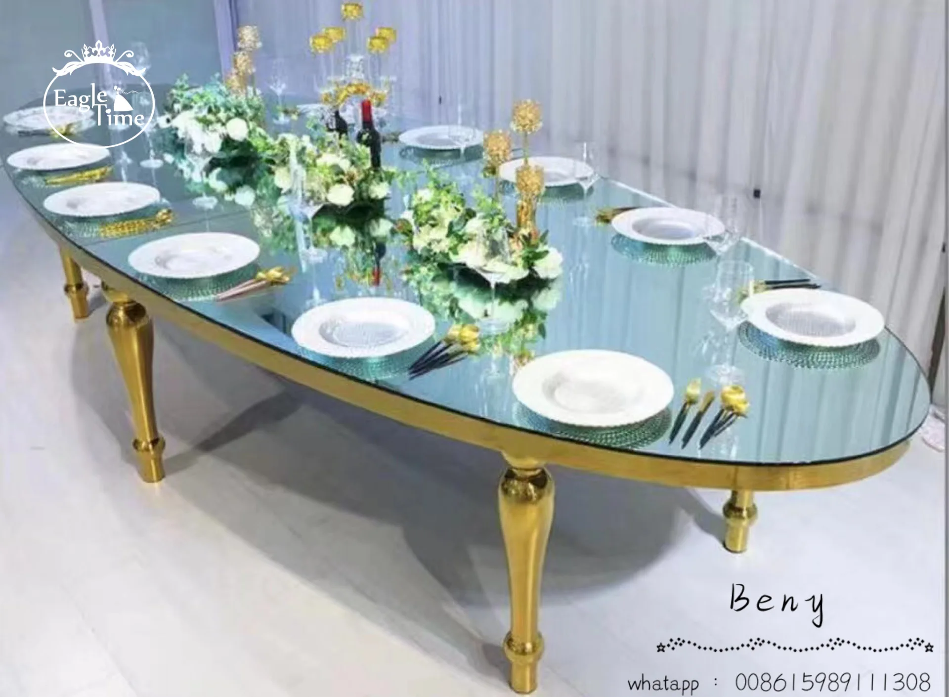 Wholesale Modern Gold Stainless Steel Glass Oval Table for Dining Banquets Parties Weddings Hotel Use