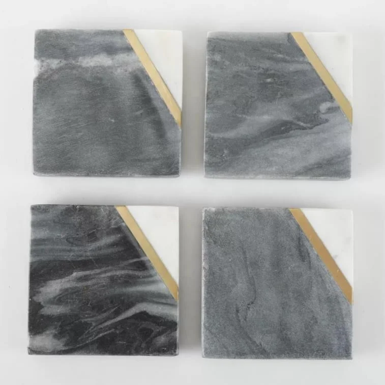 Wholesale Custom Four Piece Splicing 2 Colors coaster Set Inlaid with Brass Trim Cork Cup Mat Marble coaster