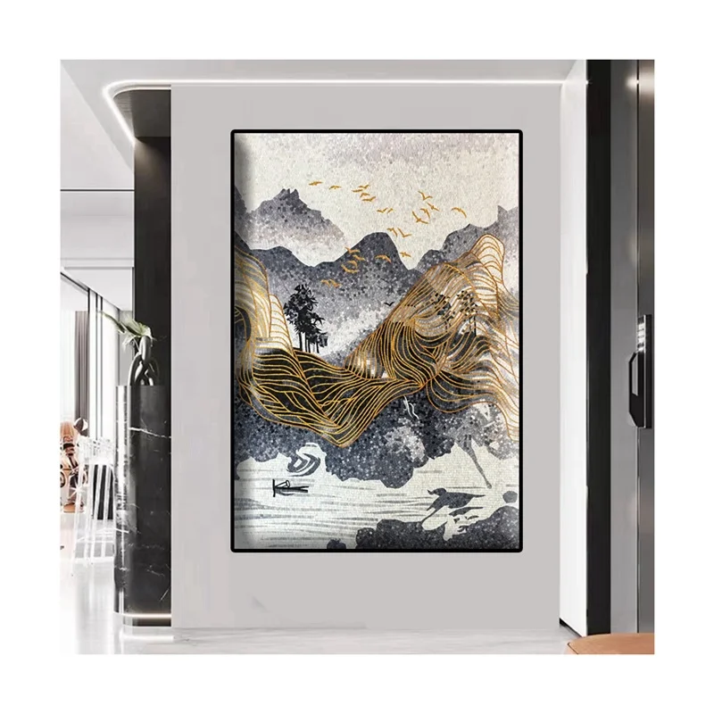 Modern mosaic mural with black white and gold lines mural mosaic tile stone wall panel marble mosaic for wall decoration home