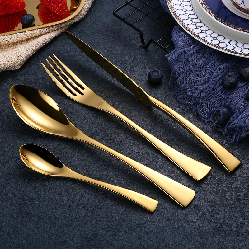 Wholesale Stainless Steel Knife Spoon Teaspoon Fork Flatware Set Shiny Gold Cutlery Set For Wedding