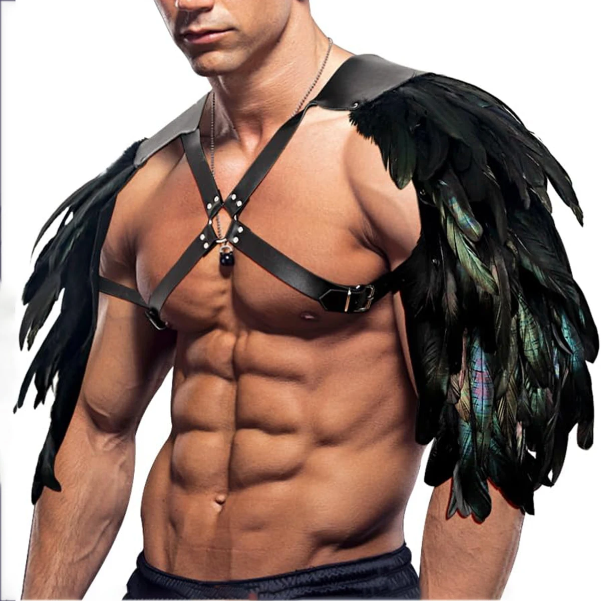 Halloween Medieval Knight Gothic Feather Costume, Adjustable PU Leather Viking Warrior Cosplay Accessories