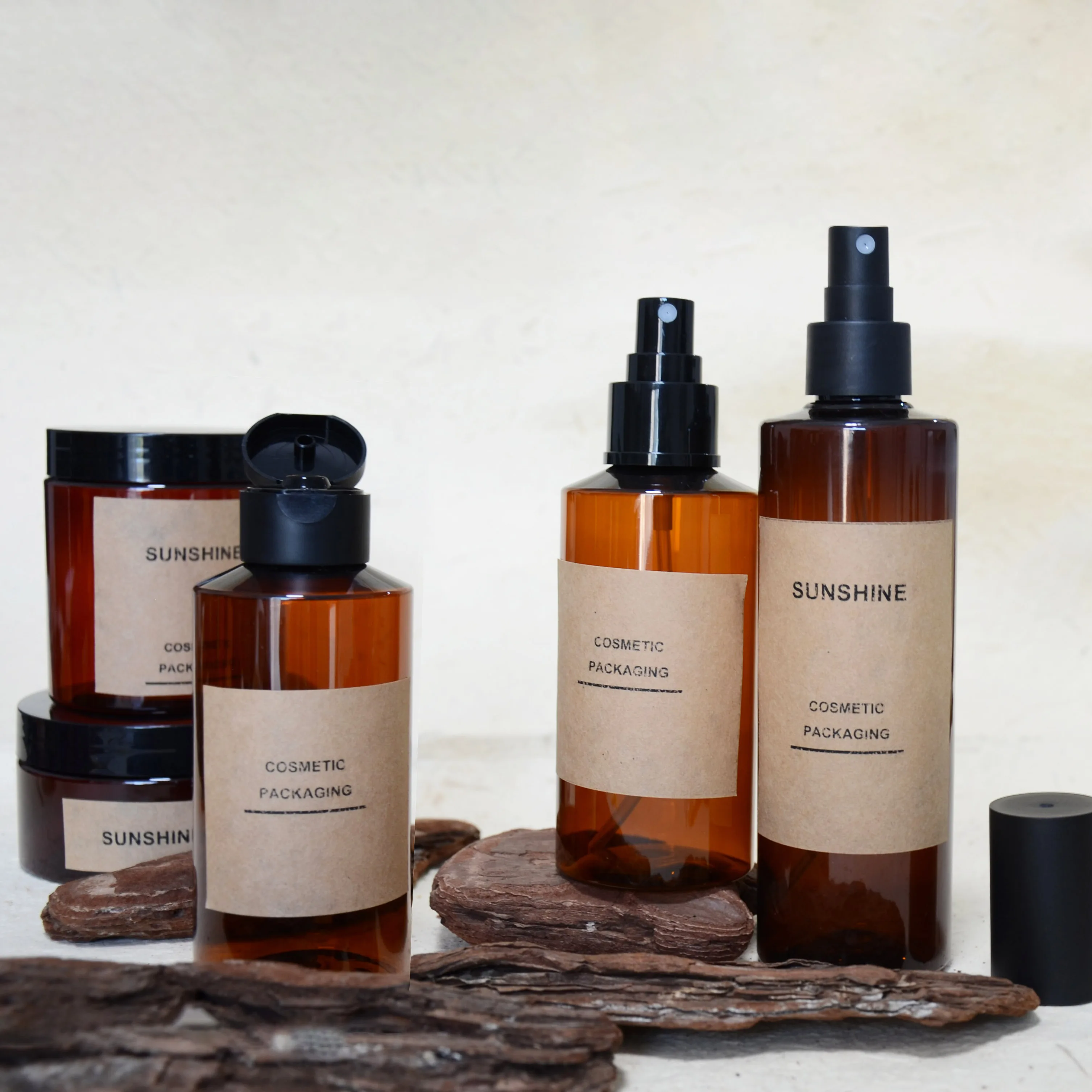 100ml 150ml 200ml Amber empty cosmetic packaging cosmet set recycled plastic bottles with pump for cosmetics