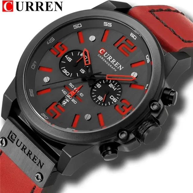 Curren 8314 Brand Logo Reloj Trending Red Gents Quartz Watch Genuine Leather Band Chronometer Date Display Outdoor Wrist Watch