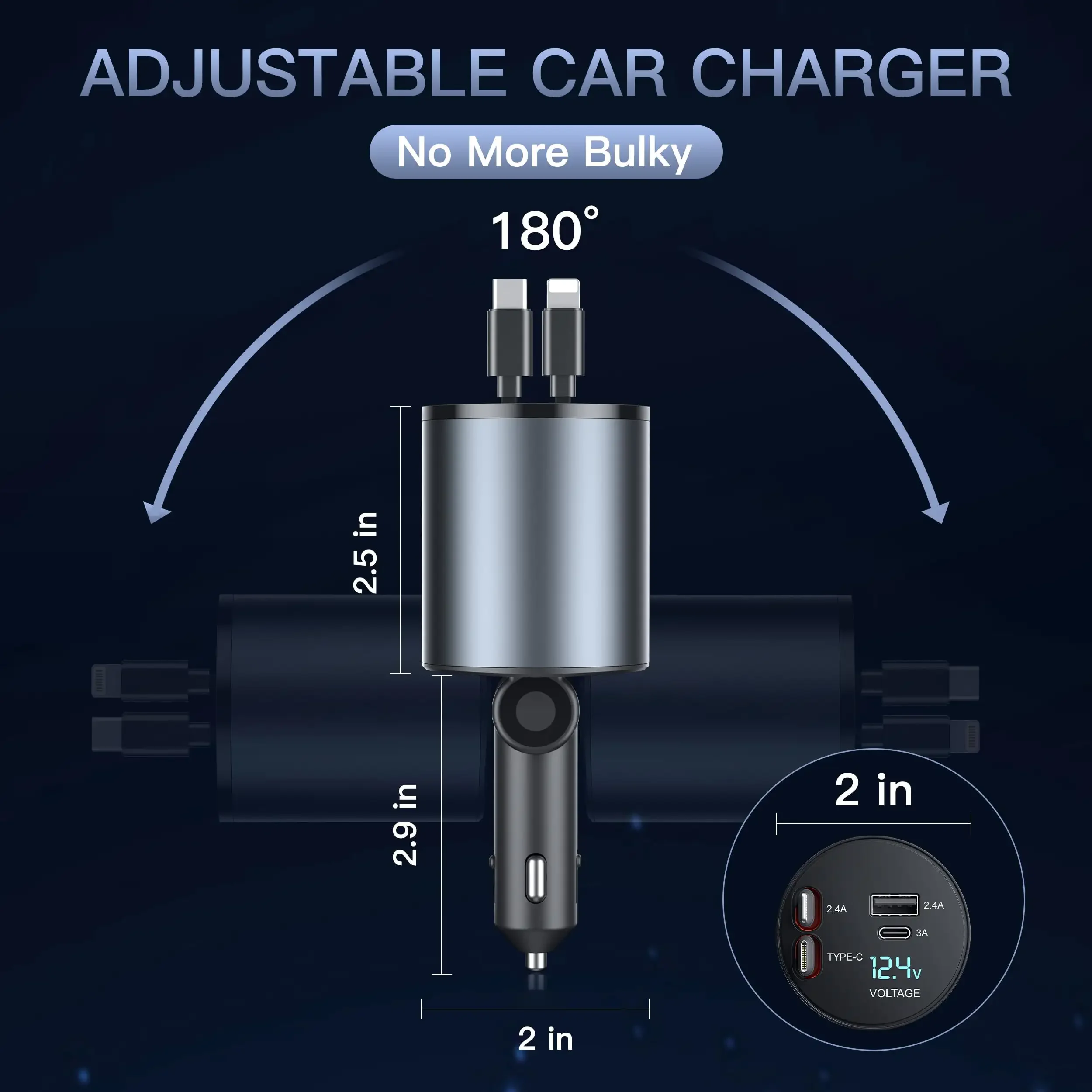 PSDA Multi Retractable Car Charger 4 in 1 Car Fast Charger 60W Retractable Cables (2.6FT) Type C Ports FOR iPhone 15 Samsung