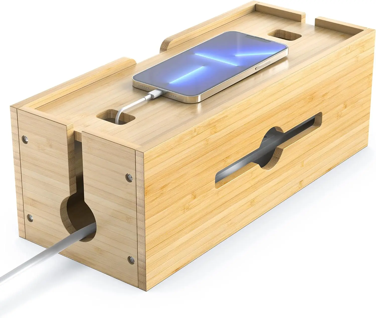 Cord Organizer Box Cable Box to Hide Wires and Power Strips Bamboo Cable Management Box for Desktop