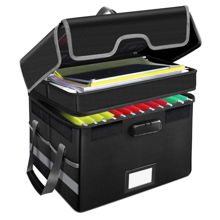 Portable 2-layer custom collapsible fireproof safe file document box organizer with rfid waterproof features for home or office