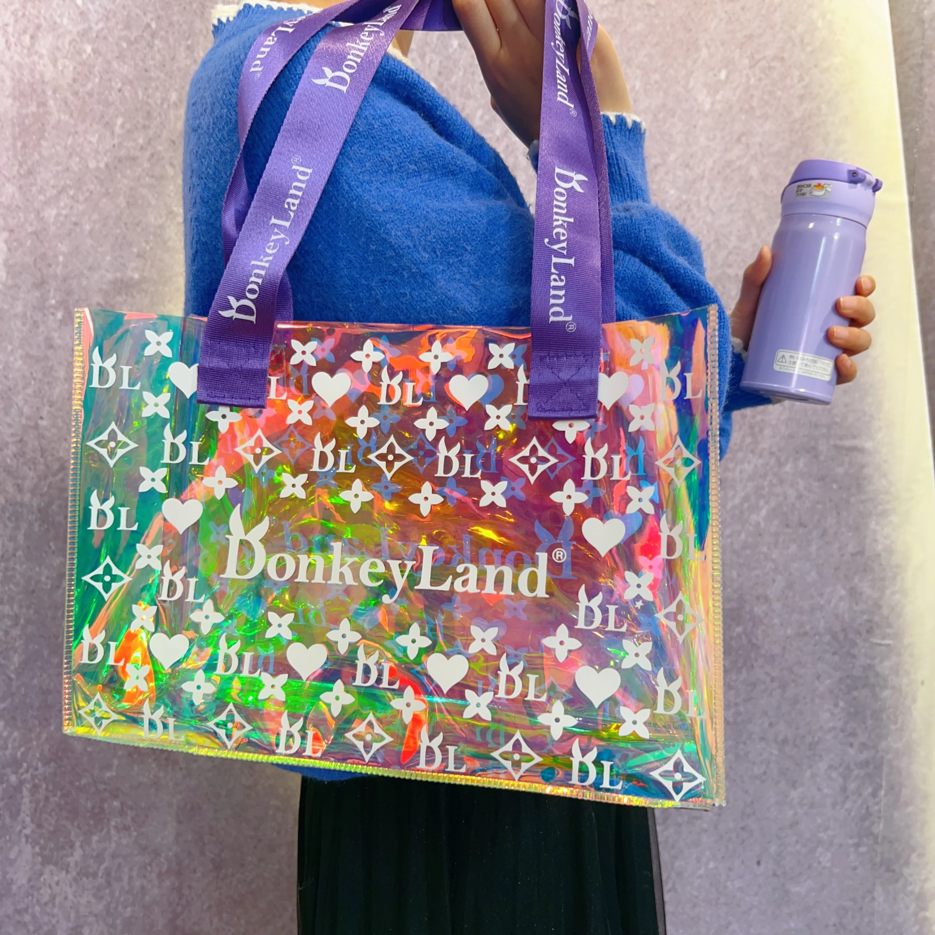 2024 Custom Logo Women Transparent Bag Hologram Laser Clear Pvc Shopping Bag Ladies Holographic Beach Tote Bags