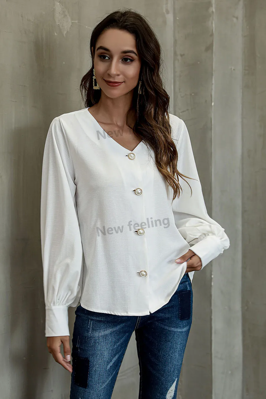 White Blouse Office Wear Women V Neck Lantern Long Sleeves Women Shirt Latest Design Ladies Office Blouses