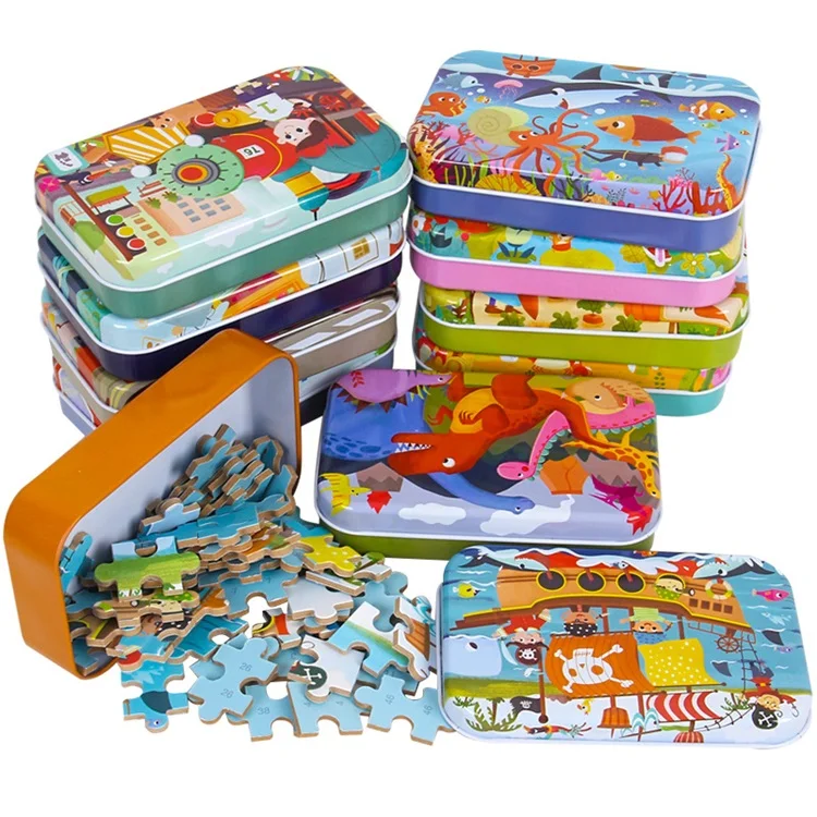Hot Selling Kids Educational Toys 60pcs Iron Box Packaging Wooden  Puzzle Toys Cartoon Animal Jigsaw Puzzle