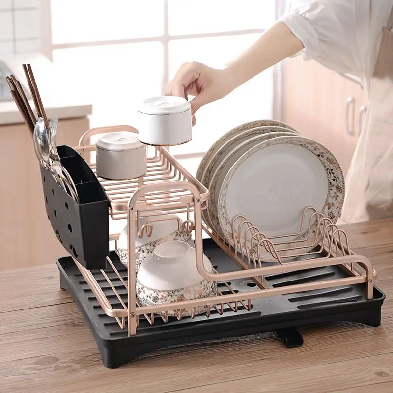 Kitchen Dish Drainer Double-layer Multi-functional Tableware Cup Chopsticks Rack Dish Rack Bowl Rack Space Aluminum Metal Square
