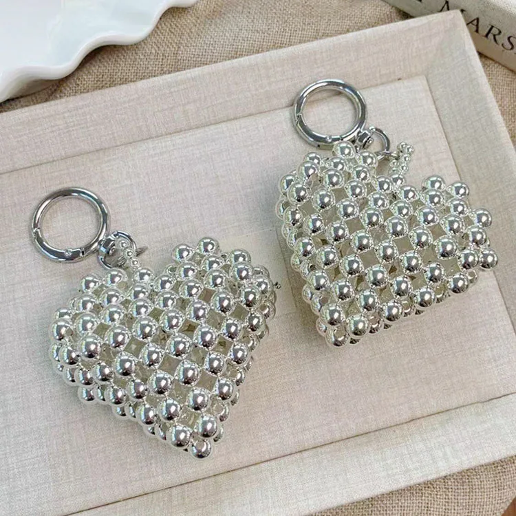Statement Styole 7cm Silver Beads Braided Heart Charm Pendant Key  Bag Accessory