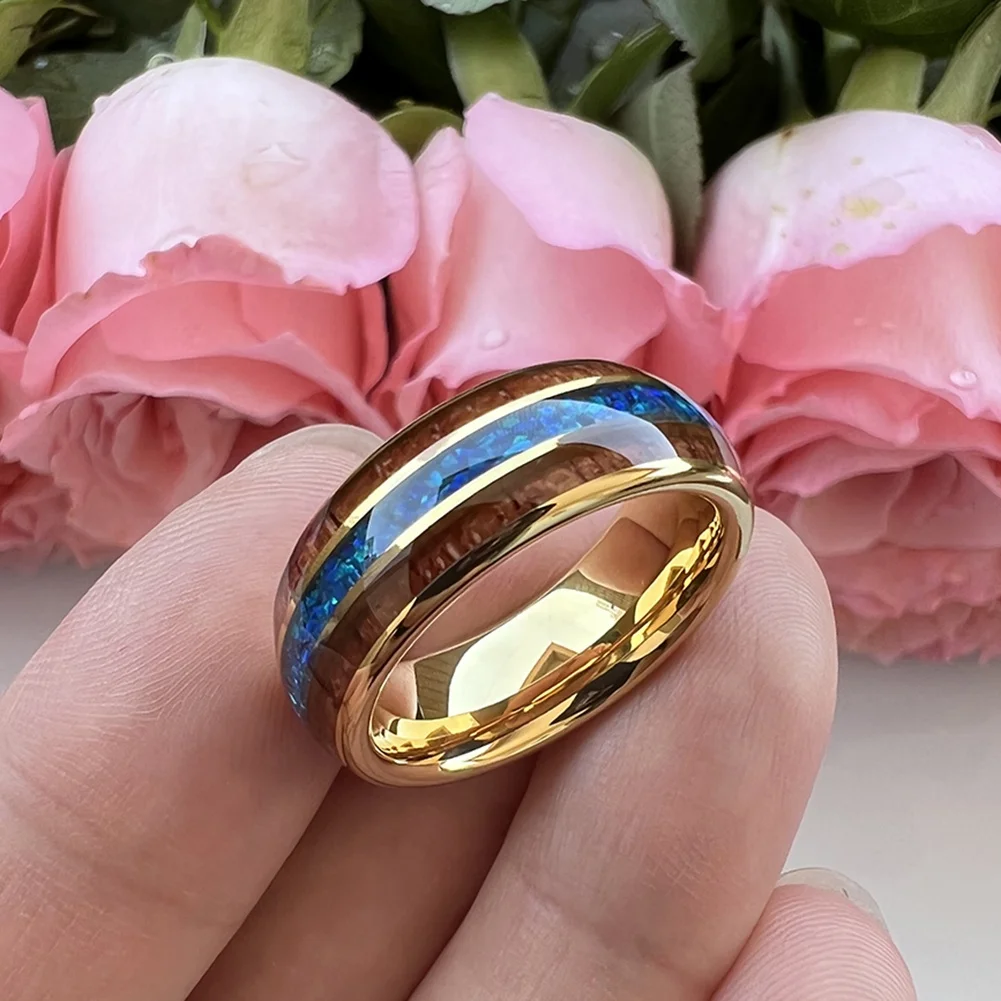 Coolstyle Jewelry 8mm Blue Opal Koa Wood Inlay Gold Tungsten Carbide Ring for Men Women Fashion Wedding Band Comfort Fit