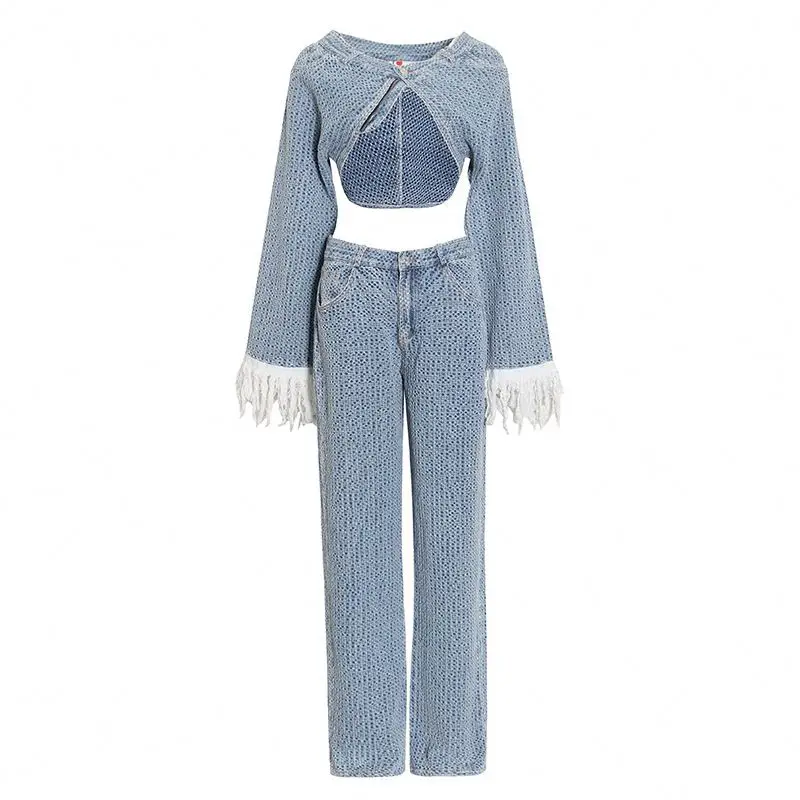 New fashion tassel long sleeve denim crop coat top and wide leg jeans pants leisure two piece suit for women