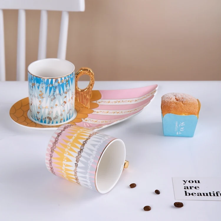 Luxury Gold Painting Angel Wing Handle Ceramic Mugs Wholesale Porcelain Mugs Coffee Cups Mugs With Real Gold Depiction