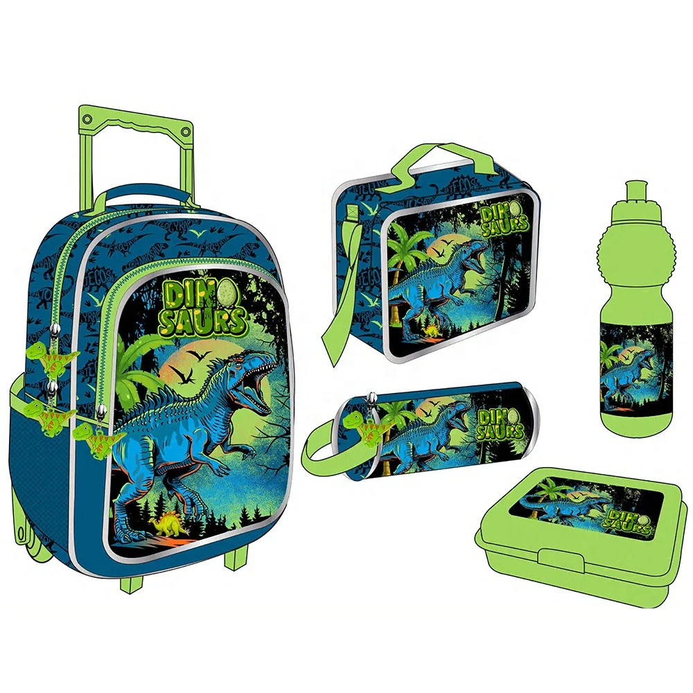 School Bags Kids Rolling Dinosaur Backpack for Boys 5PCS Backpack With Lunch Box School Trolley Bag
