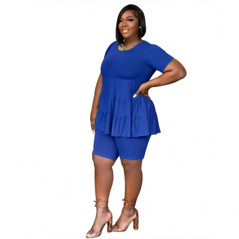 Fashion Women plus size 2 piece set dresses + short pants pleated solid color o-neck short sleeve casual loose tops suits