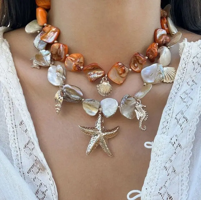 New Bohemian summer 2024 new style star shell chain beads pendant choker necklace earring Bracelet set