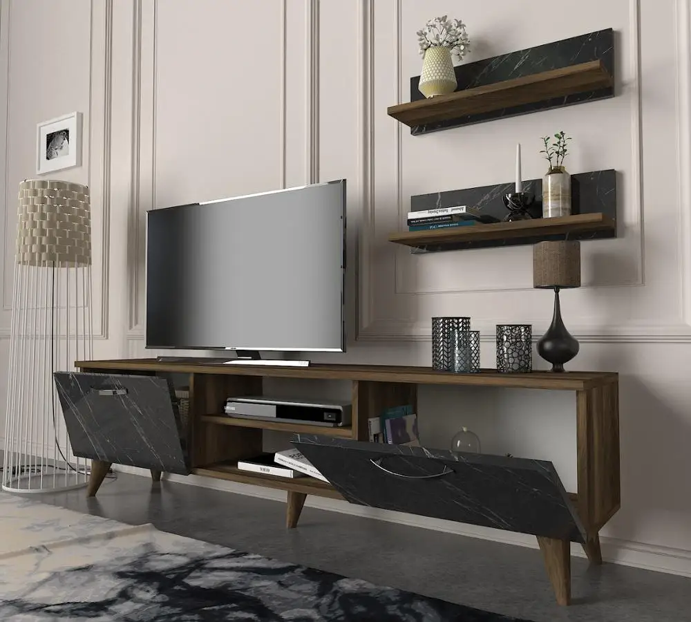 Ayden Wholesale Best Wood Tv Unit Modern Furniture Marble Walnut with Wallshelf