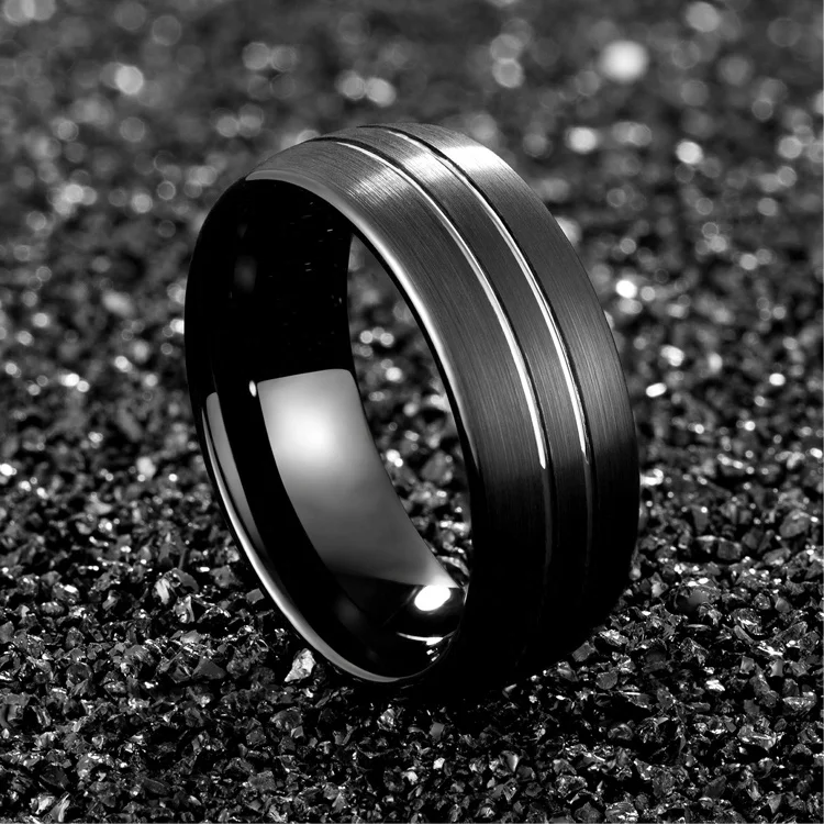 Simple jewelry 8mm silver groove Black tungsten carbide mens ring in 2021