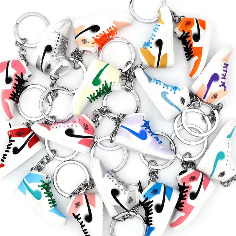Wholesale Rubber PVC Plastic Cute Tennis Basketball 3D Mini Shoe Key ring A J1 J ordan Shoe Sneaker Keychain With box