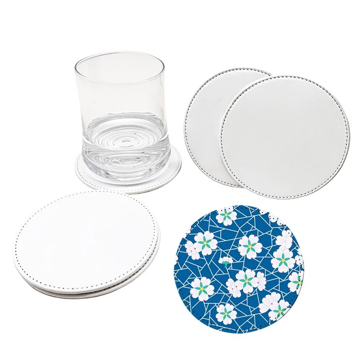 Wholesale  Sublimation Blanks Printing Pu Coaster Set Pu Leather Cup Mat For Hotel Tea Coffee Drink Coaster