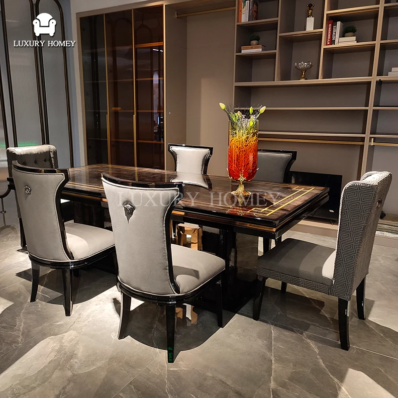 Italian high-end luxury natural wood veneer long dining room set modern dining table set full dining room furniture
