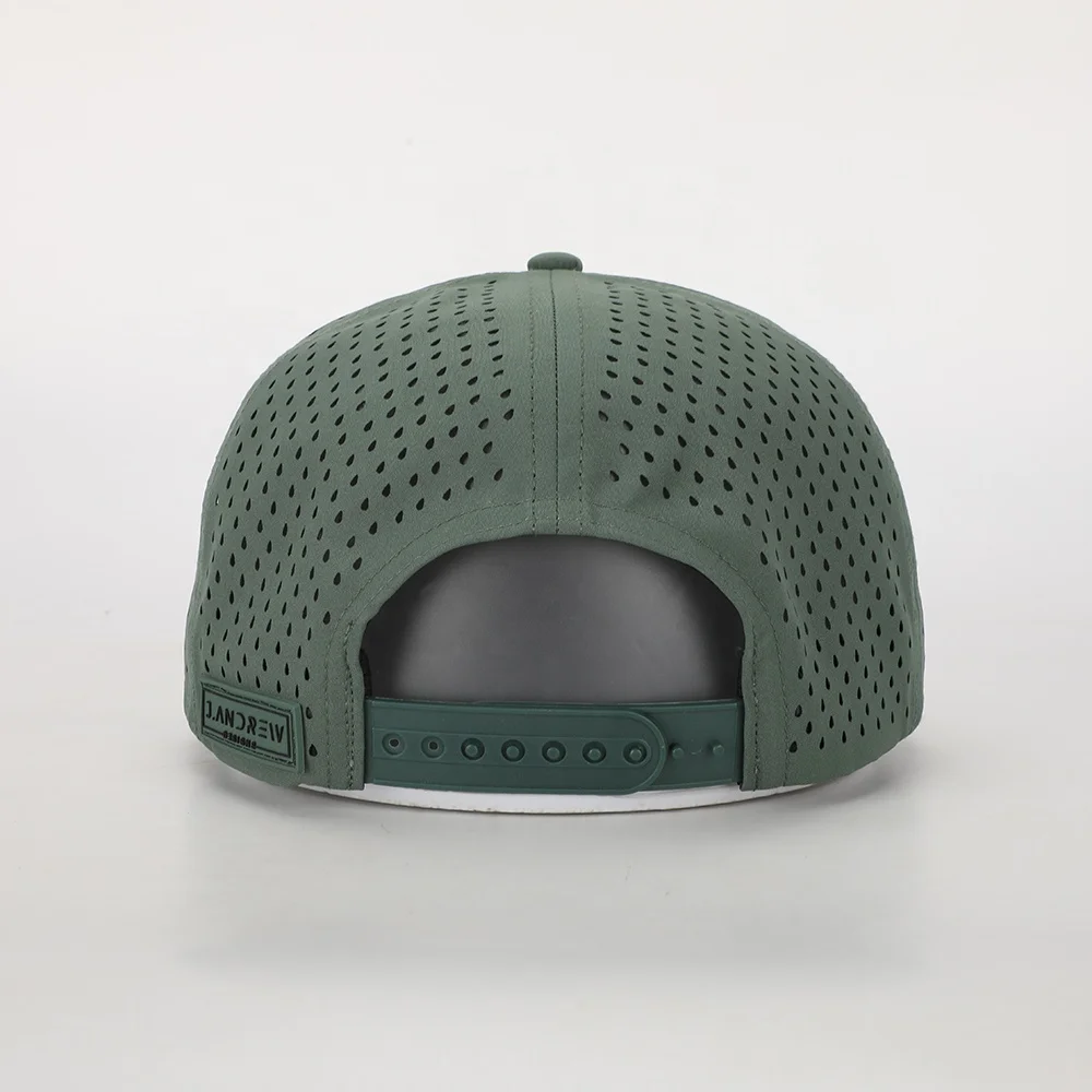 BSCI Oem Custom Design High Quality Flat Brim 7 Panel Sport Hat Rubber Patch Logo Polyester Gorras Laser Cut Hole Snapback Cap