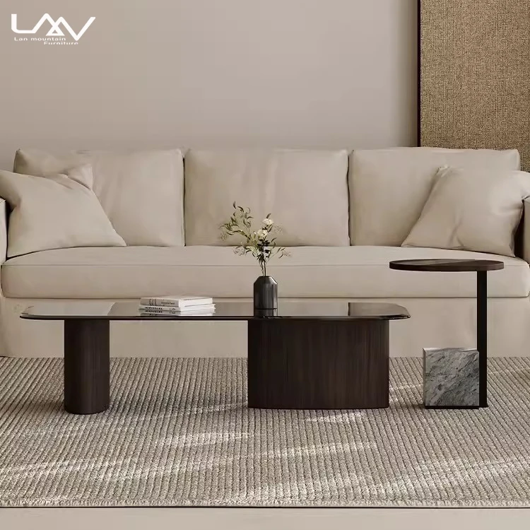 Italian style walnut coffee table set modern hotel villa living room wood leg glass top coffee table and side table furniture