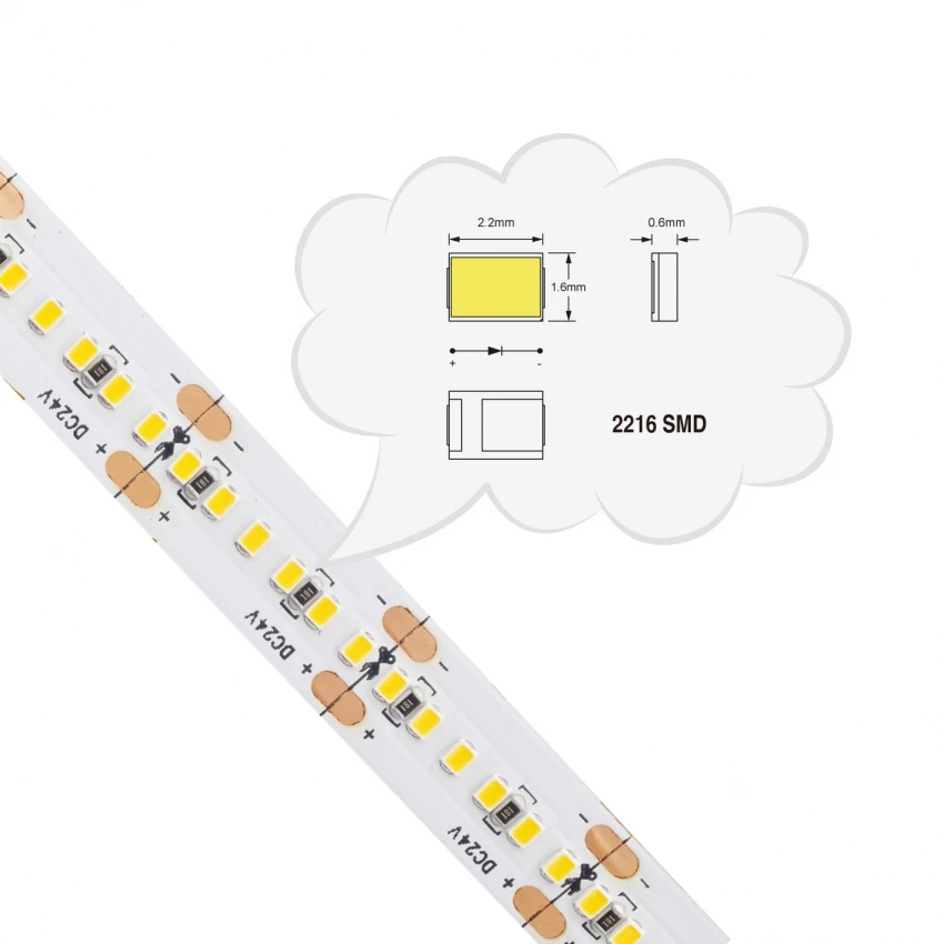 Глейт высокой плотности 300 светодиод на метр SMD2216 чип теплый белый DC24V 18 Вт бездарная Светодиодная лента