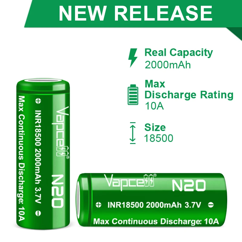 new Vapcell N20 18500 2000mah 10A high capacity and high drain lithium ion battery rechargeable cells for flashlight camera