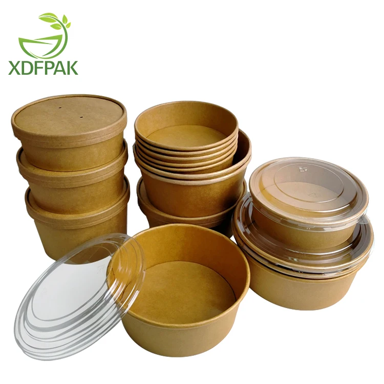 Kraft PE/PLA Coated Salad Bowl Packed Paper Bowl Congee Soup Bowl Round Fruit Salad Takeaway Lunch Box with Lid