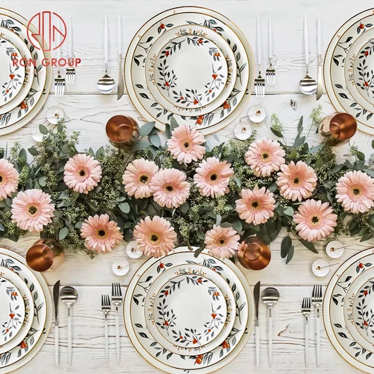 High Quality Popular Kitchen Plate with Growth Ring and Heart Pattern Ceramic Set Restaurant New Bone China Dishes Plates