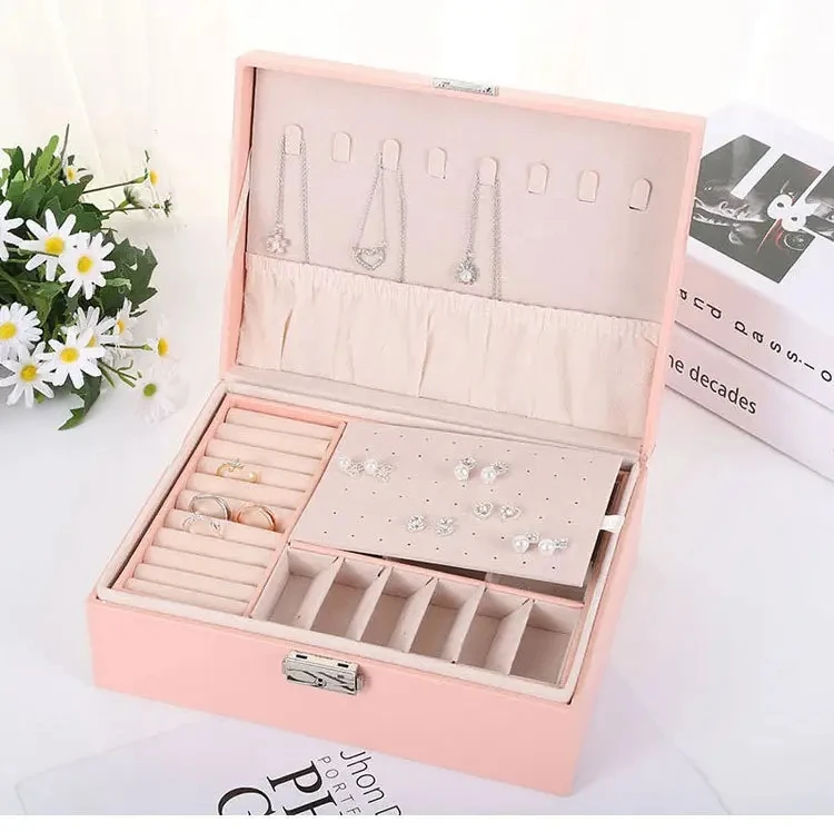 Wholesale Pink & White PU Leather Double Layer Lock Jewelry Box High Volume Metal Organizer Factory Storing Your Valuable Pieces