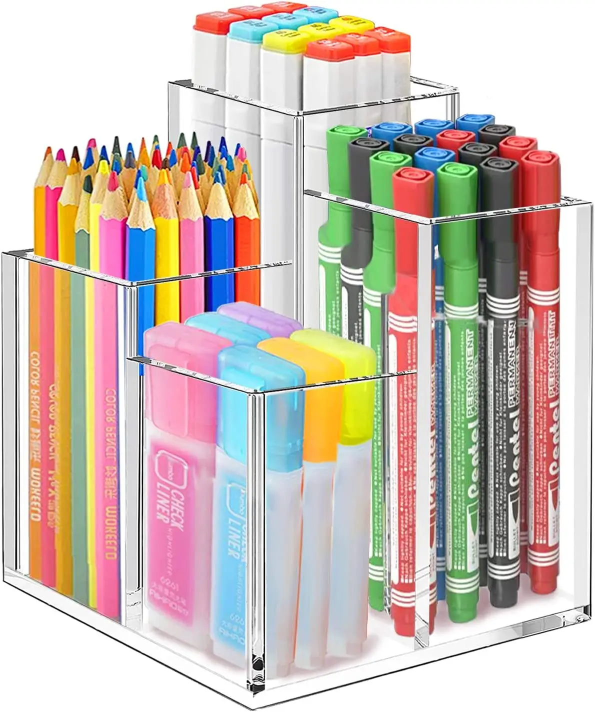 Stylish Acrylic Desk Pen Holder with 4 Compartments Clear Pen Cups and Multifunction Organizer for Storage