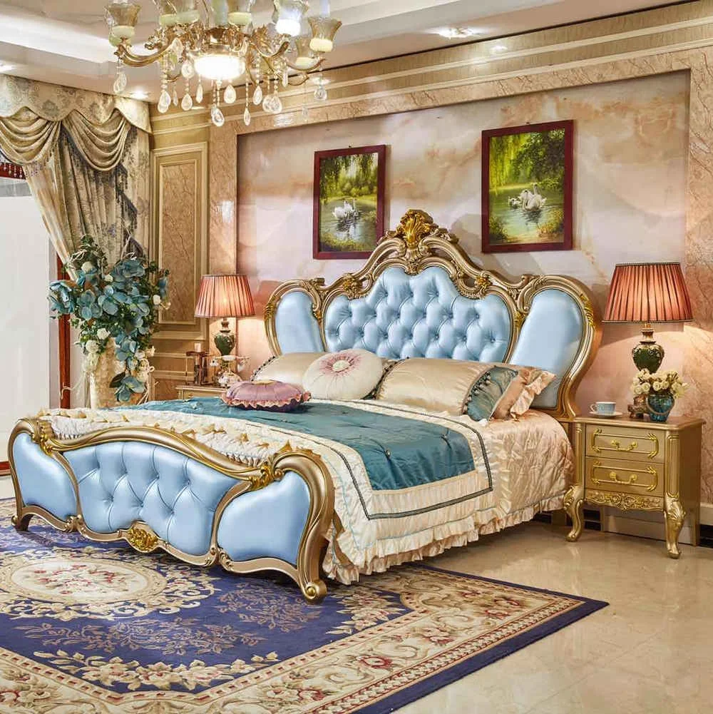 Luxury Carved French Royal PU Leather Bed Solid Wood King Size European Antique Style for Home or Hotel Furniture