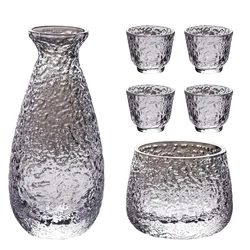 ZENS Sake Set Glasses 6.7 Ounce Sake Carafe Bottle with holder and 4 Saki Cup Set for Warmer or Cold Japanese Wine Warmer Sets