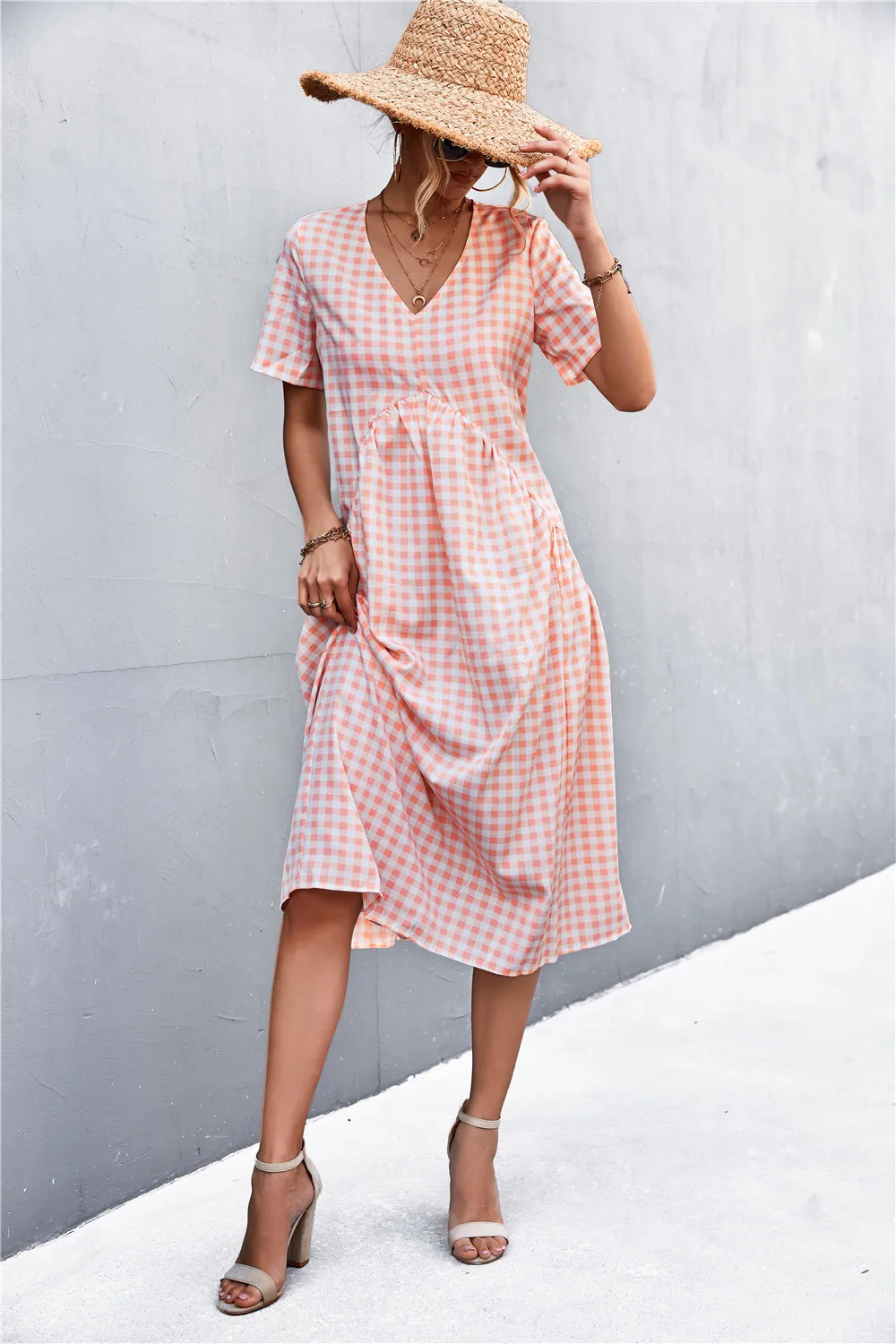 V-neck short-sleeved pleated checkered dress Plaid Woven Simple Pencil Embossed clothing manufacturers custom