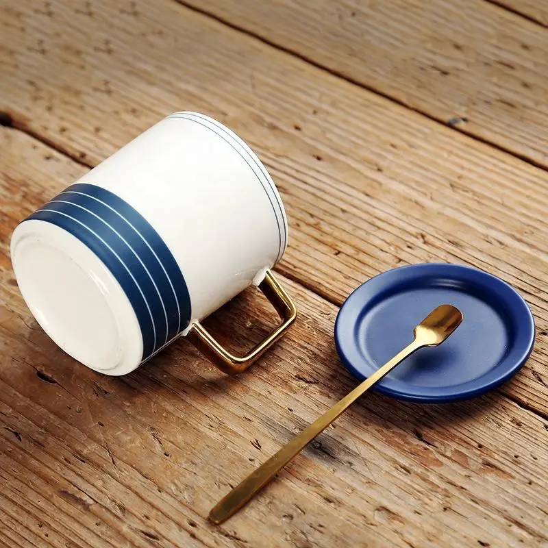 Nordic Creative Ceramic Mug Handgrip Design Gold Handle Spoon with Lid for Office or Party Personalized Logo Printing