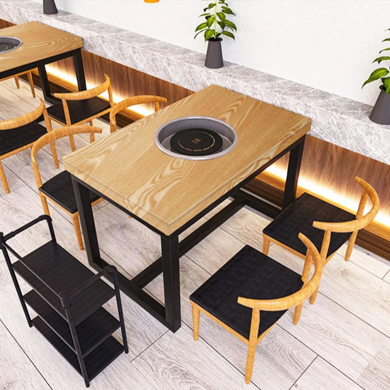 Customized Commercial 6 People Korean Barbecue BBQ Grill Hotpot Wooden Top Tables For Restaurants